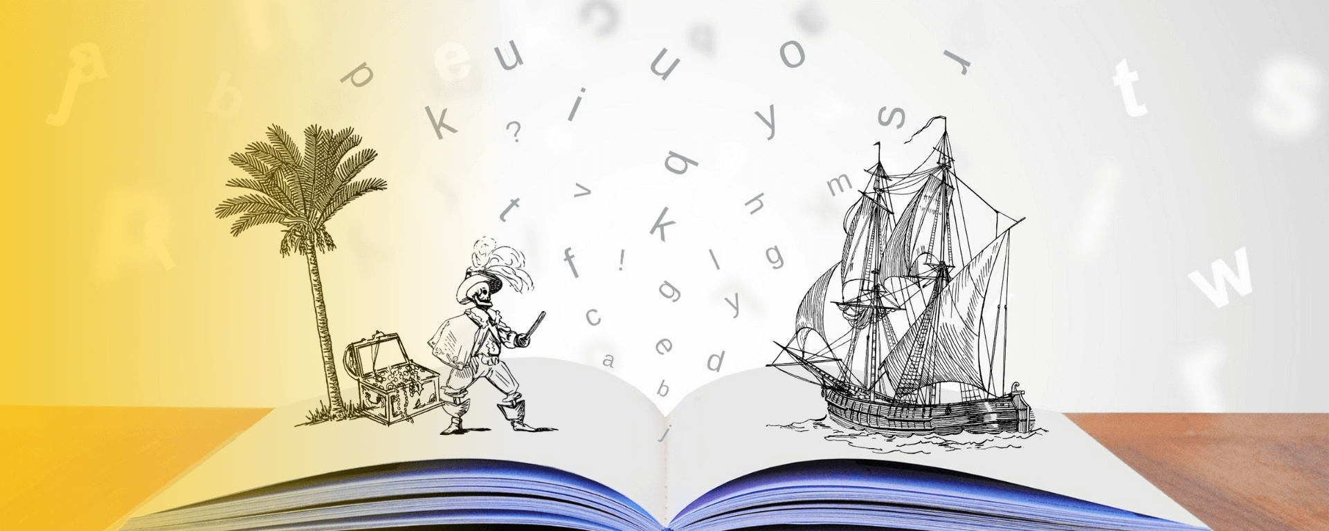 Eine aufgeschlagene Buchseite, aus der eine Szene mit einem Piratenschiff, einem Schatz und einem Piraten in stilisierter Strichzeichnung herausragt. Buchstaben schweben um die Szene herum und verstärken den Eindruck, dass eine lebendige Geschichte aus den Seiten des Buches zum Leben erwacht.