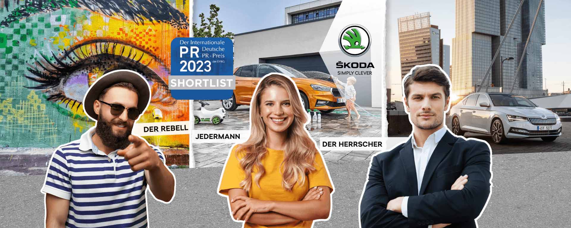 Collage mit drei Personen vor unterschiedlichen Hintergründen: links ein Mann mit Sonnenbrille, in der Mitte eine Frau mit verschränkten Armen, rechts ein Mann im Anzug. Im Hintergrund sind verschiedene Autos und Gebäude zu sehen. Das Bild enthält das Skoda-Logo und den Hinweis auf eine PR-Preis-Shortlist.