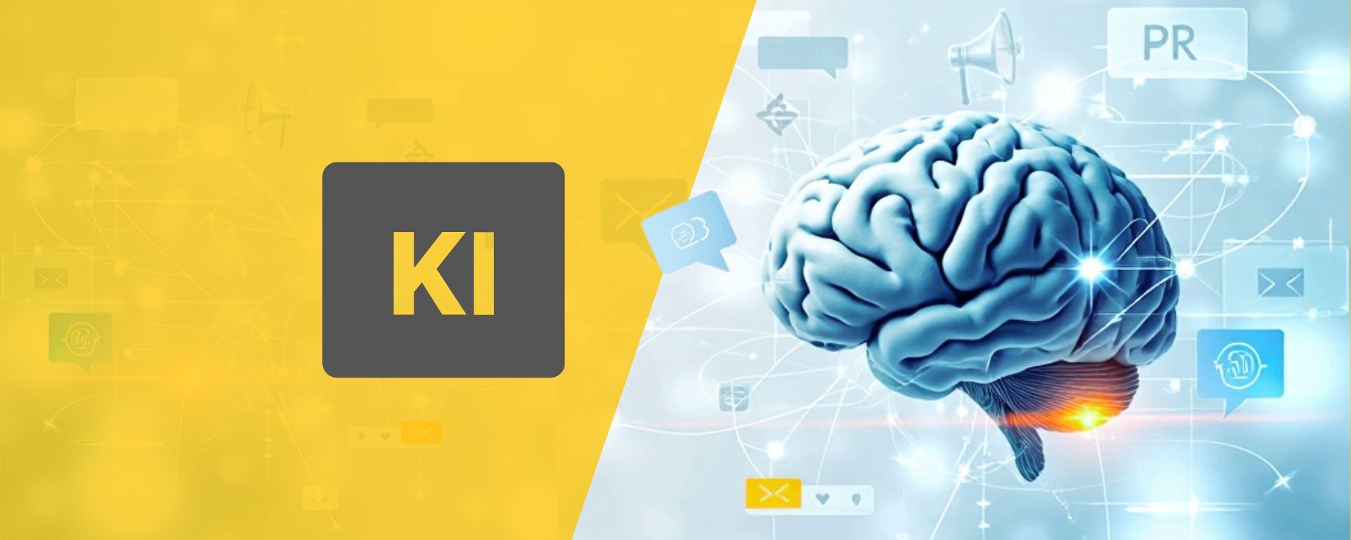 Illustration eines menschlichen Gehirns mit Symbolen für digitale Kommunikation, die den Einfluss von Künstlicher Intelligenz auf Public Relations und moderne Kommunikationsprozesse visualisieren.