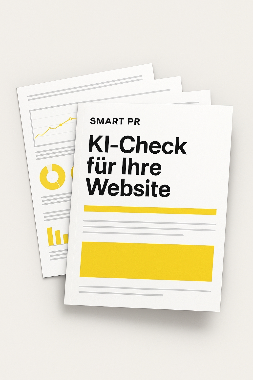Mock-up eines Dokuments mit schwarzer SChrift und gelben Grafiken, das den KI-Check für Websites von SMART PR symbolisiert. Mock-up eines Dokuments mit schwarzer SChrift und gelben Grafiken, das den KI-Check für Websites von SMART PR symbolisiert.