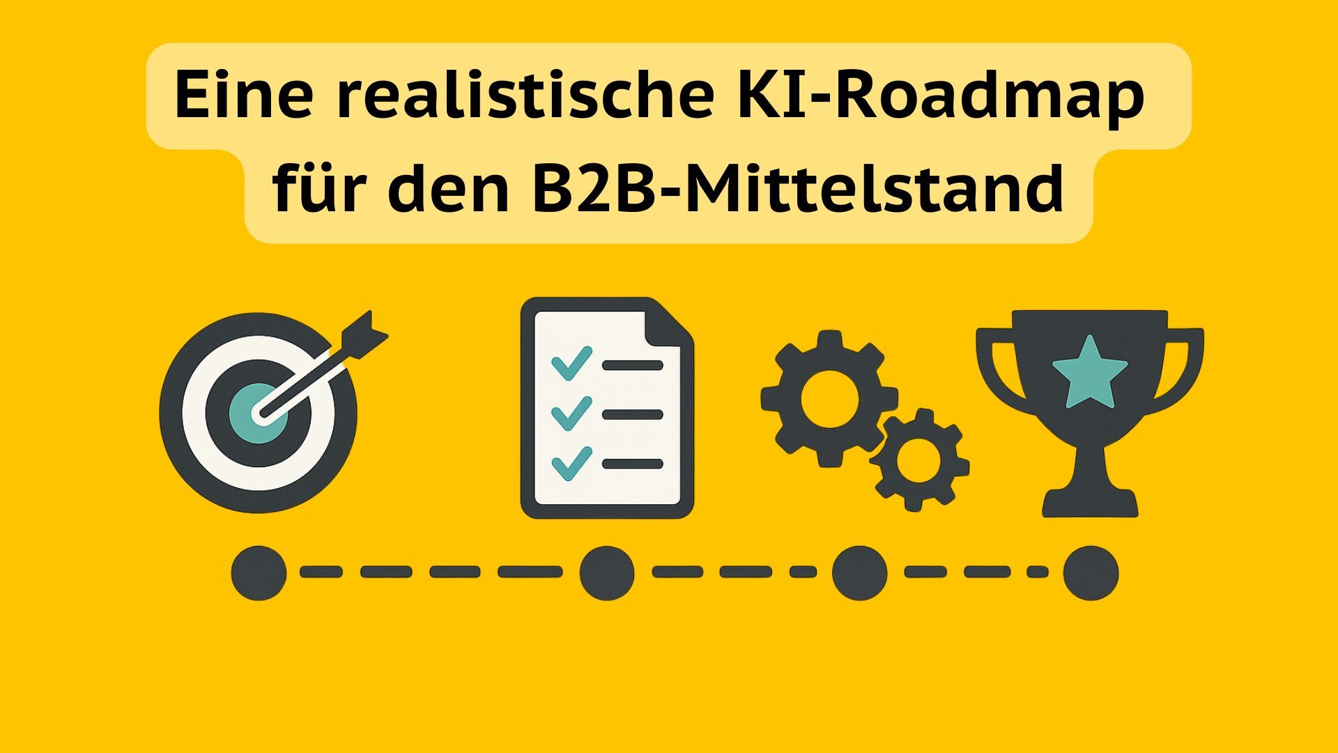 Eine Visualisierung, die mit schlichten Icons ( Zielscheibe, Klemmbrett, Zahnräder) das Thema KI-Roadmap symbolisiert